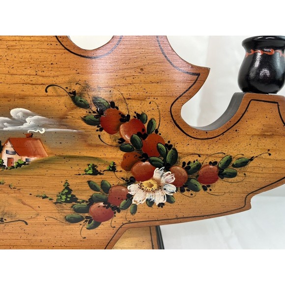 Vtg 1984 Hand Painted Country Scent Floral 5 Arm Wood Candle Holder Signed 18” - Picture 4 of 10